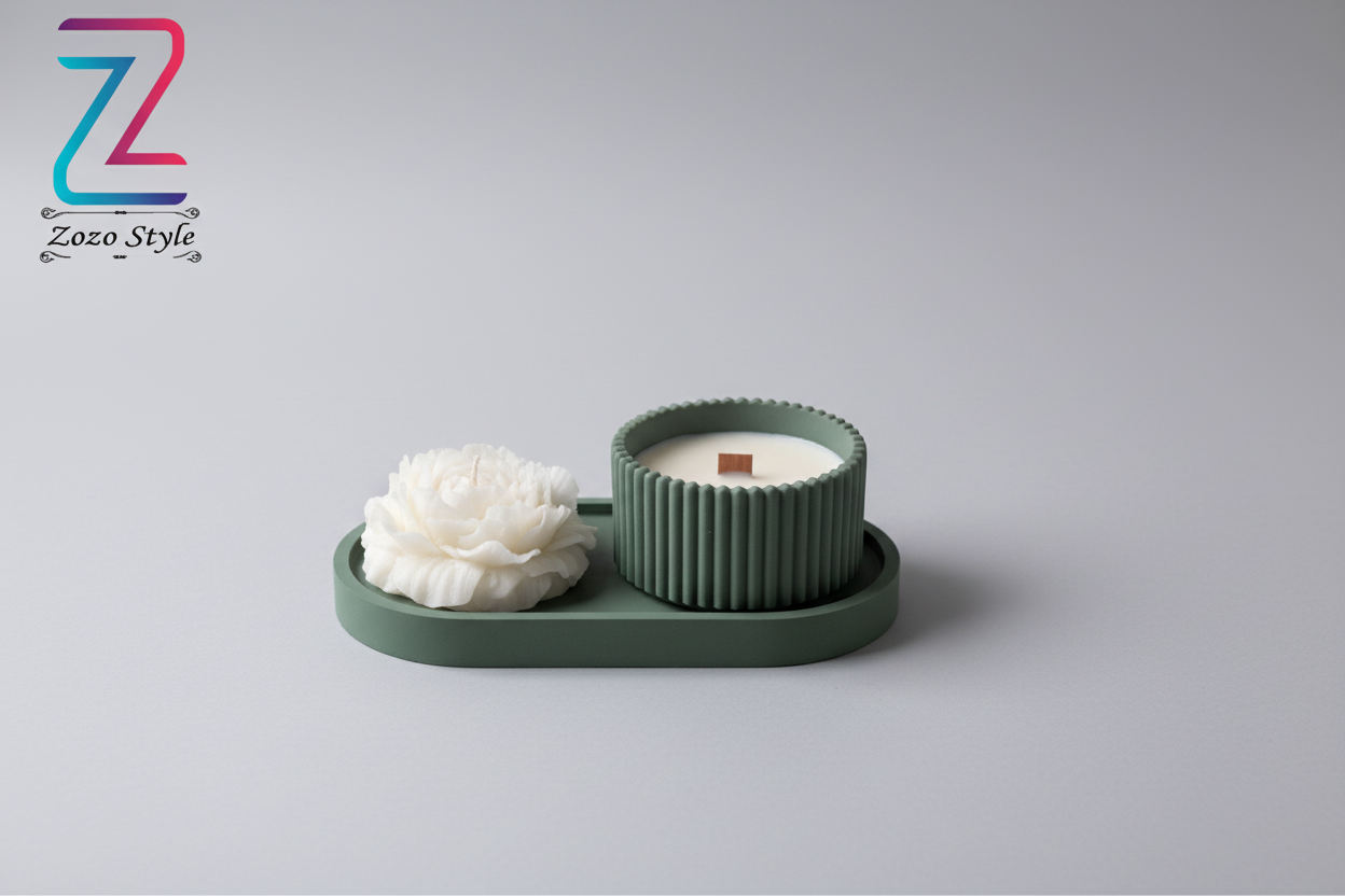 الفنجان الأخضر مع الصحن وشمعة الوردة