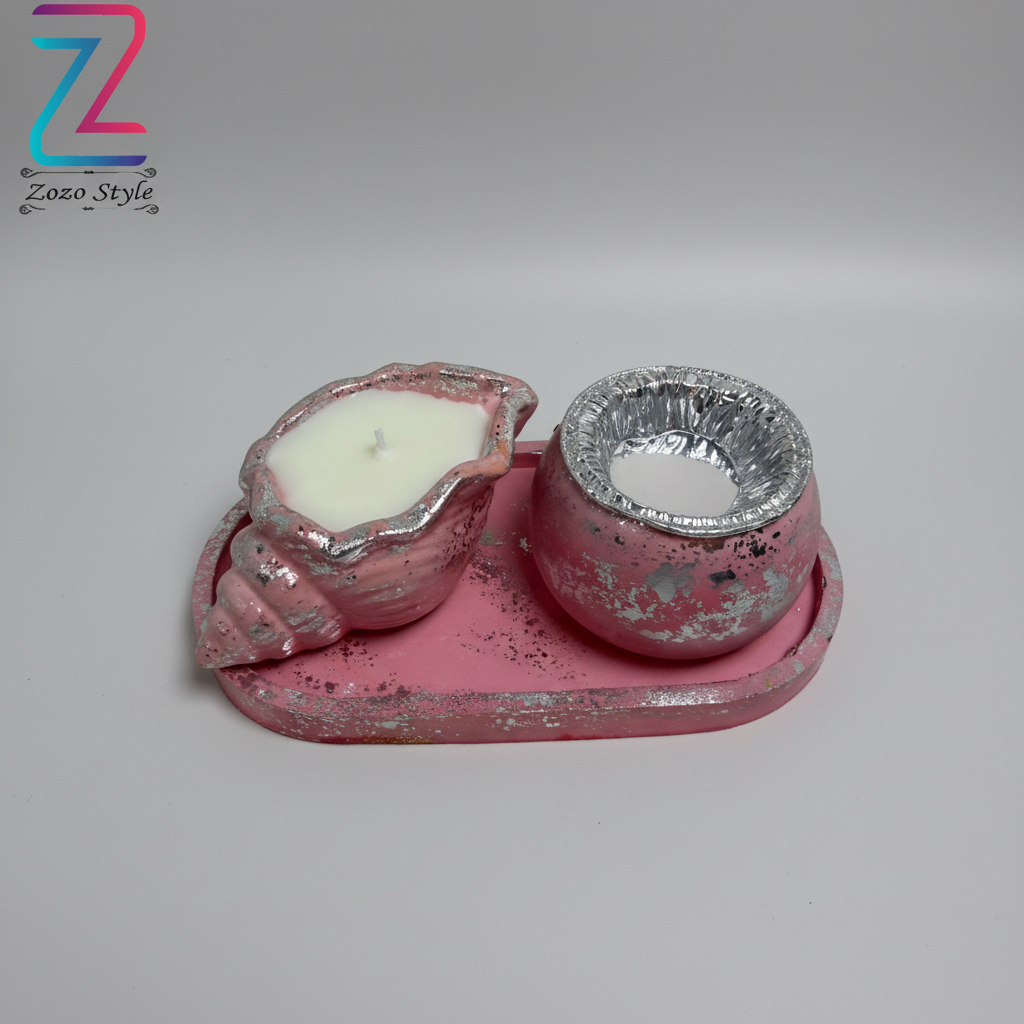 طقم كونكريت وردي بشكل صدفة - شمعة ومبخرة