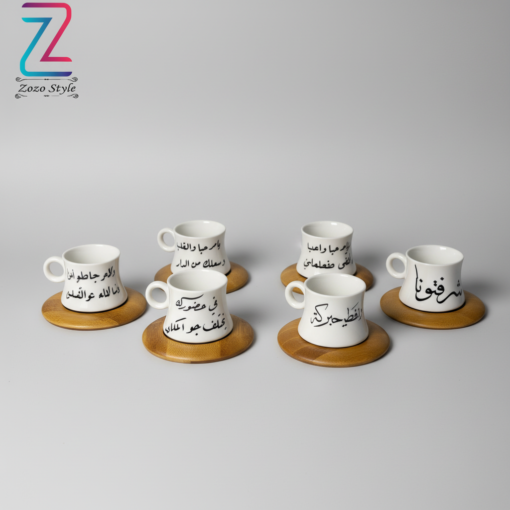 مجموعة فناجين قهوة بعبارات عربية - تصوير احترافي