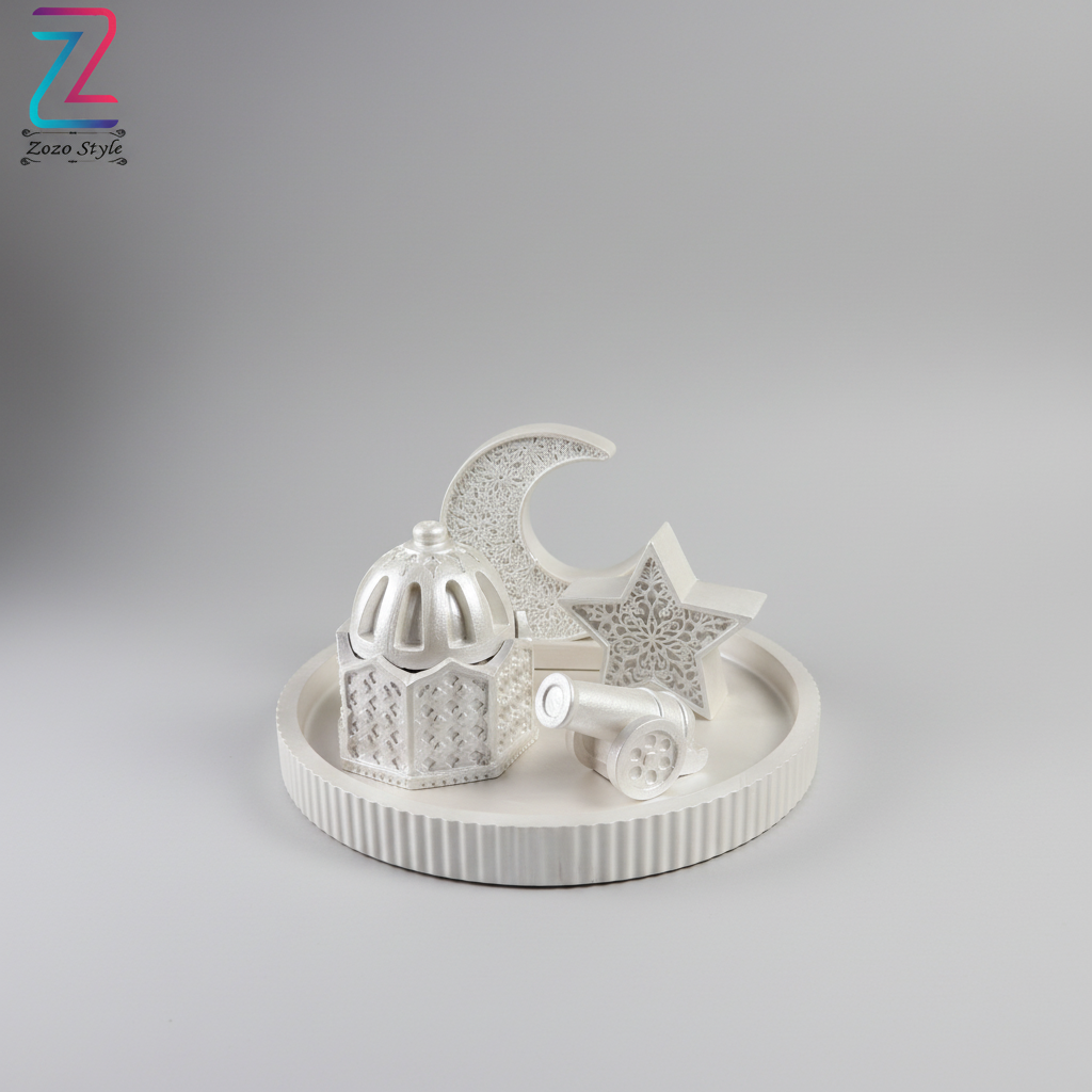 طقم رمضاني أبيض فاخر - مبخرة وهلال ونجمة