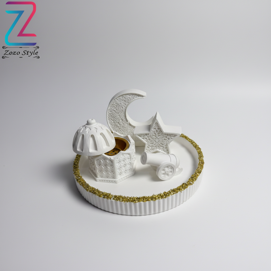 طقم رمضاني أبيض فاخر مع مبخرة - إطار ذهبي