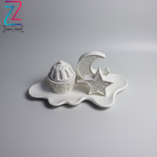 طقم رمضاني كونكريت أبيض مع مبخرة - تصميم فاخر